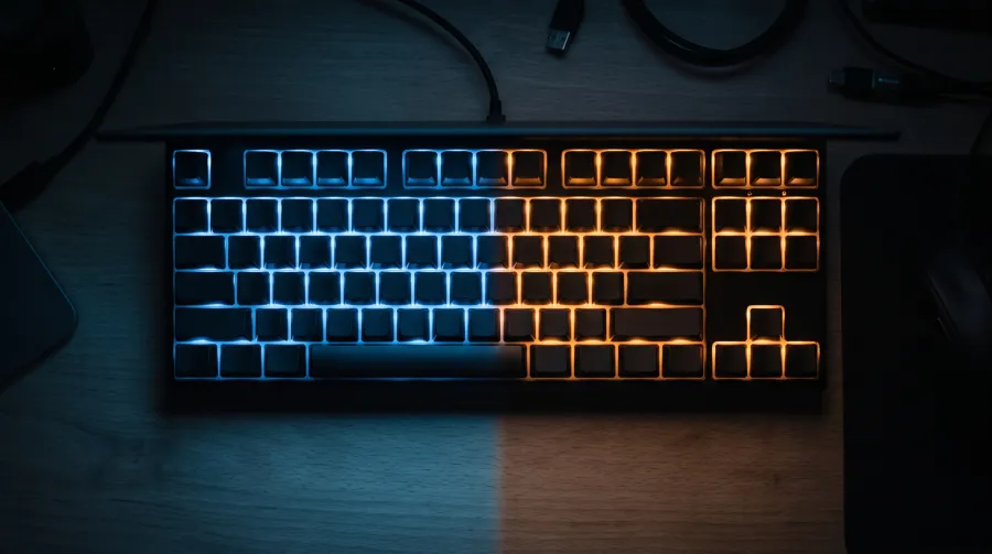 Πληκτρολόγιο laptop με μπλε και πορτοκαλί φωτισμό, σύμβολο online έρευνας σύγκρισης